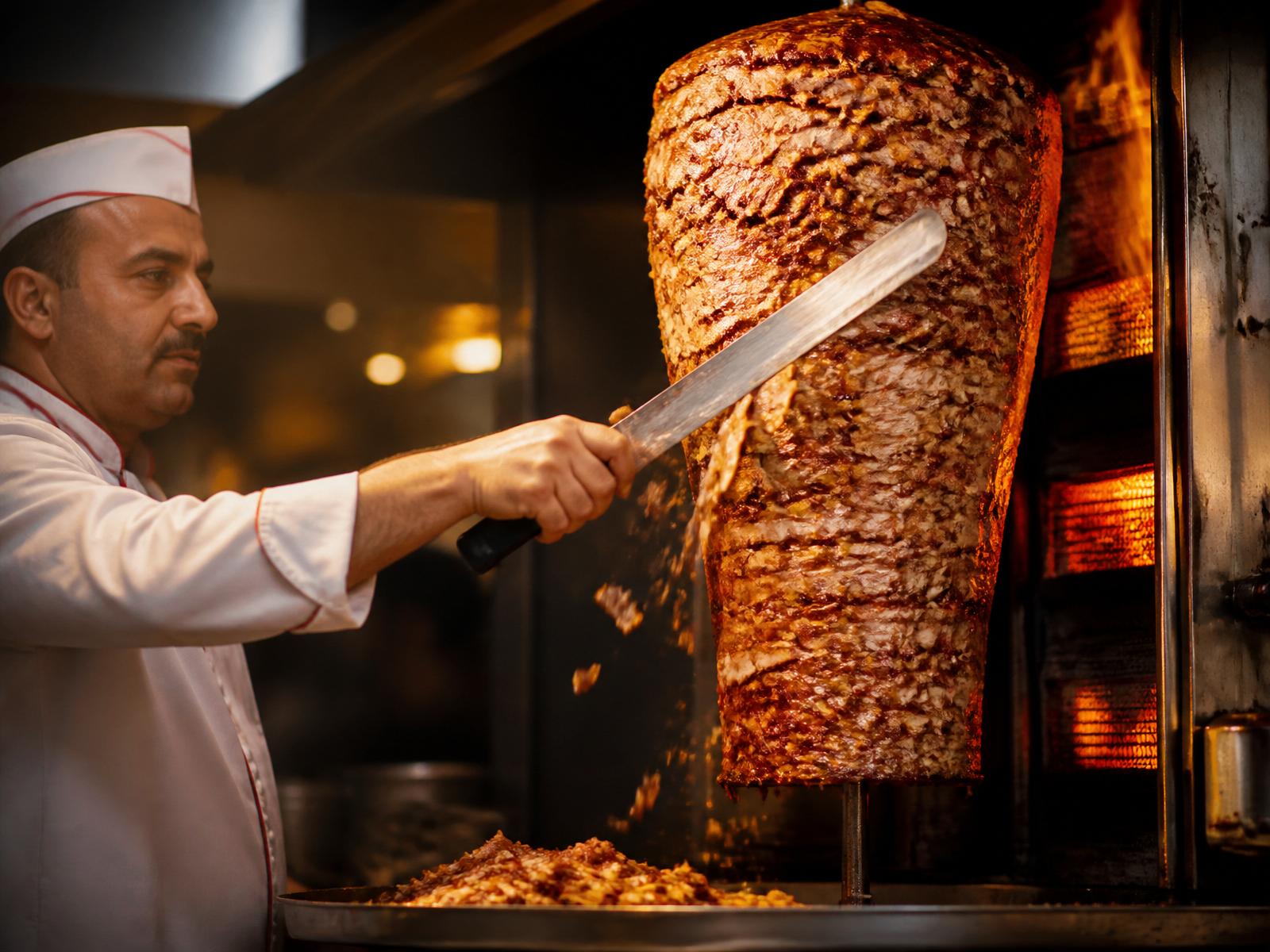 Chef slicing shawarma from the spit
