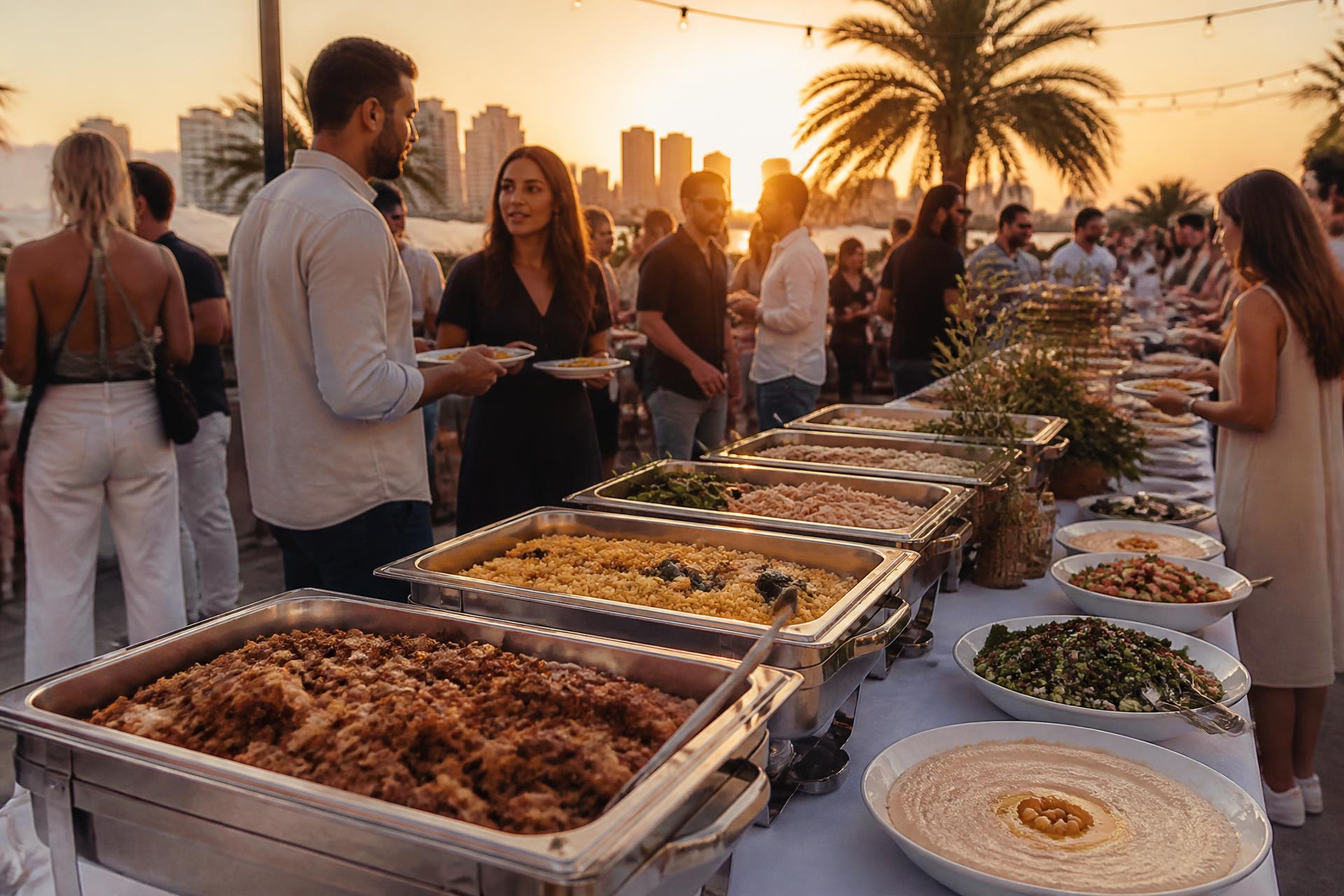 Outdoor catering event with buffet trays and guests